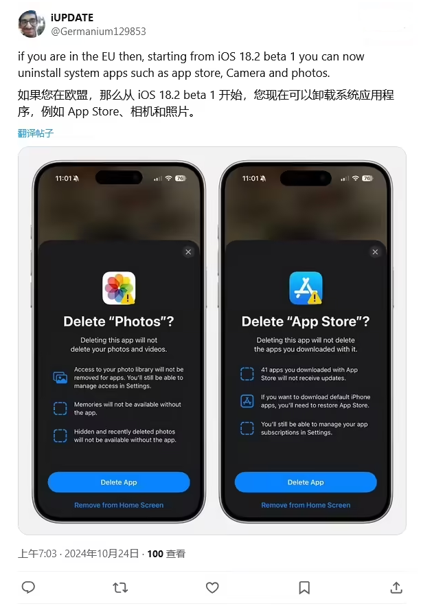 青羊苹果手机维修分享iOS 18.2 支持删除 App Store 应用商店 